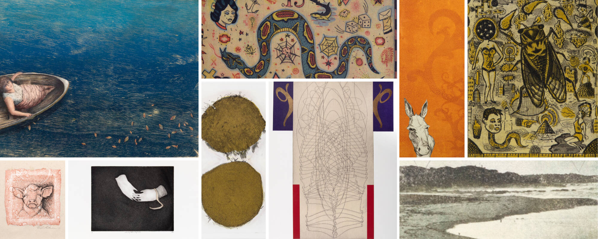 Collage of nine different images from the GVSU Art Museum Collection that showcase the printmaking technique of chine collé.
